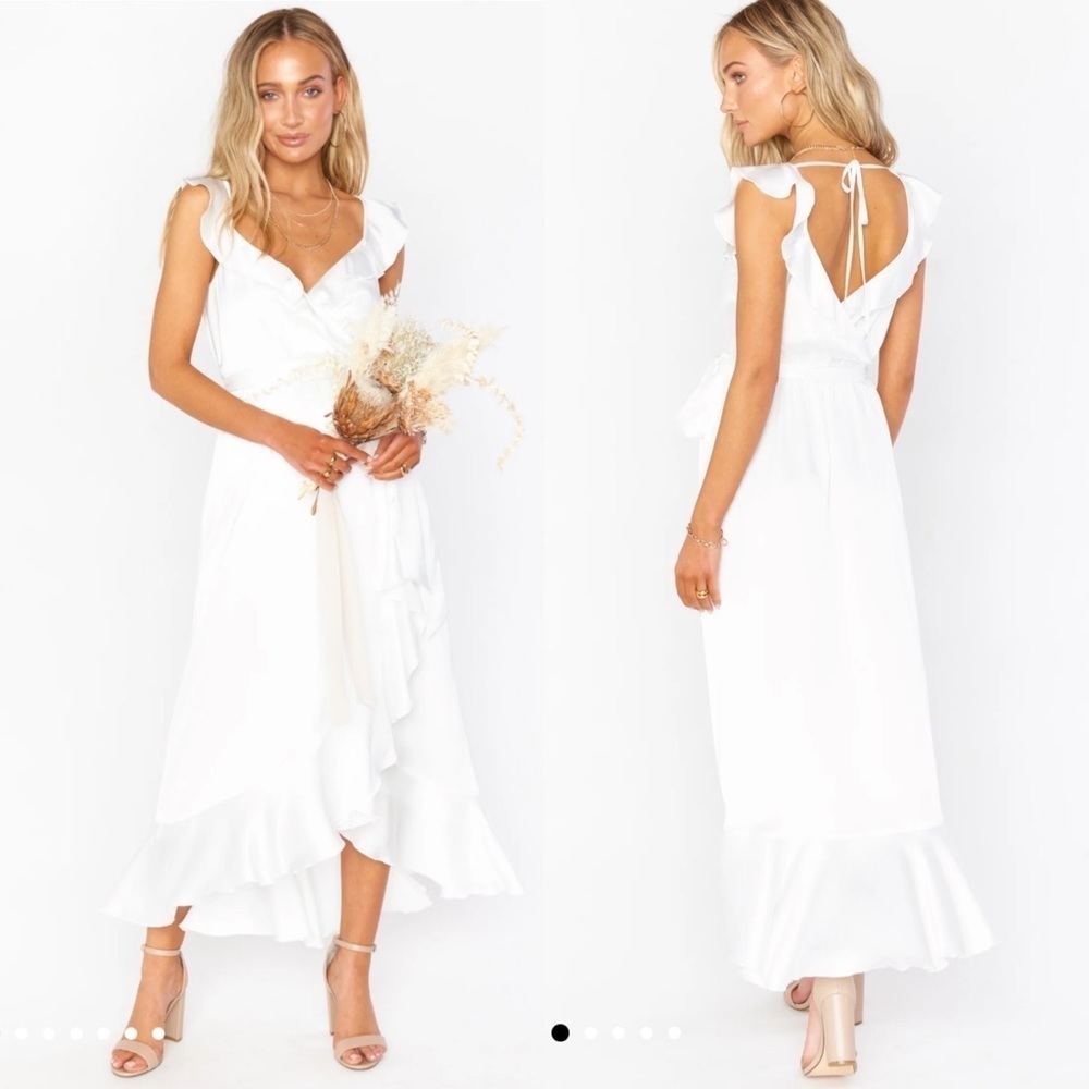 NWT Show Me Your Mumu Small Samantha Ruffle Wrap Dress Ivory Satin $198